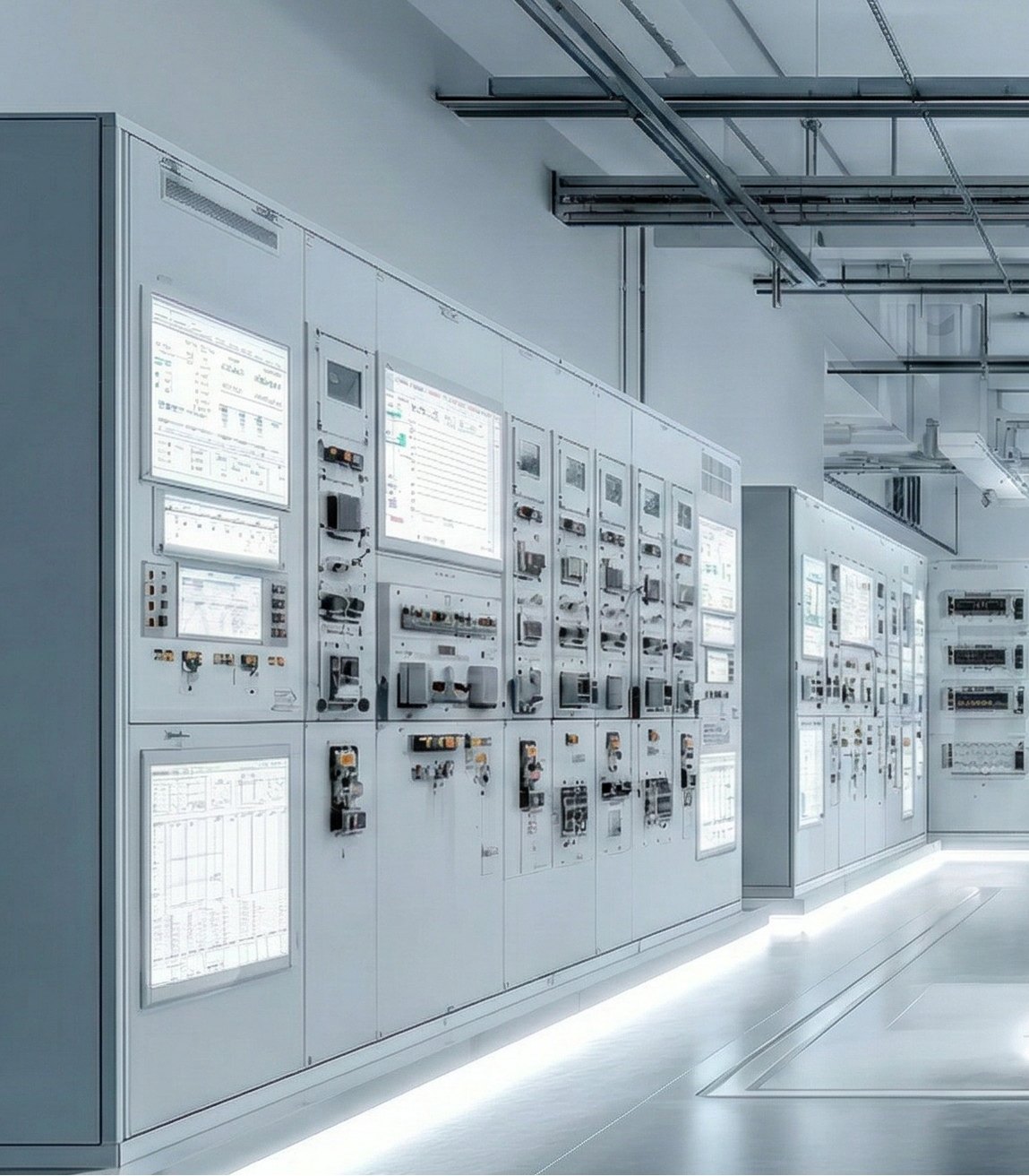 Protection and control panel line-up inside a substation