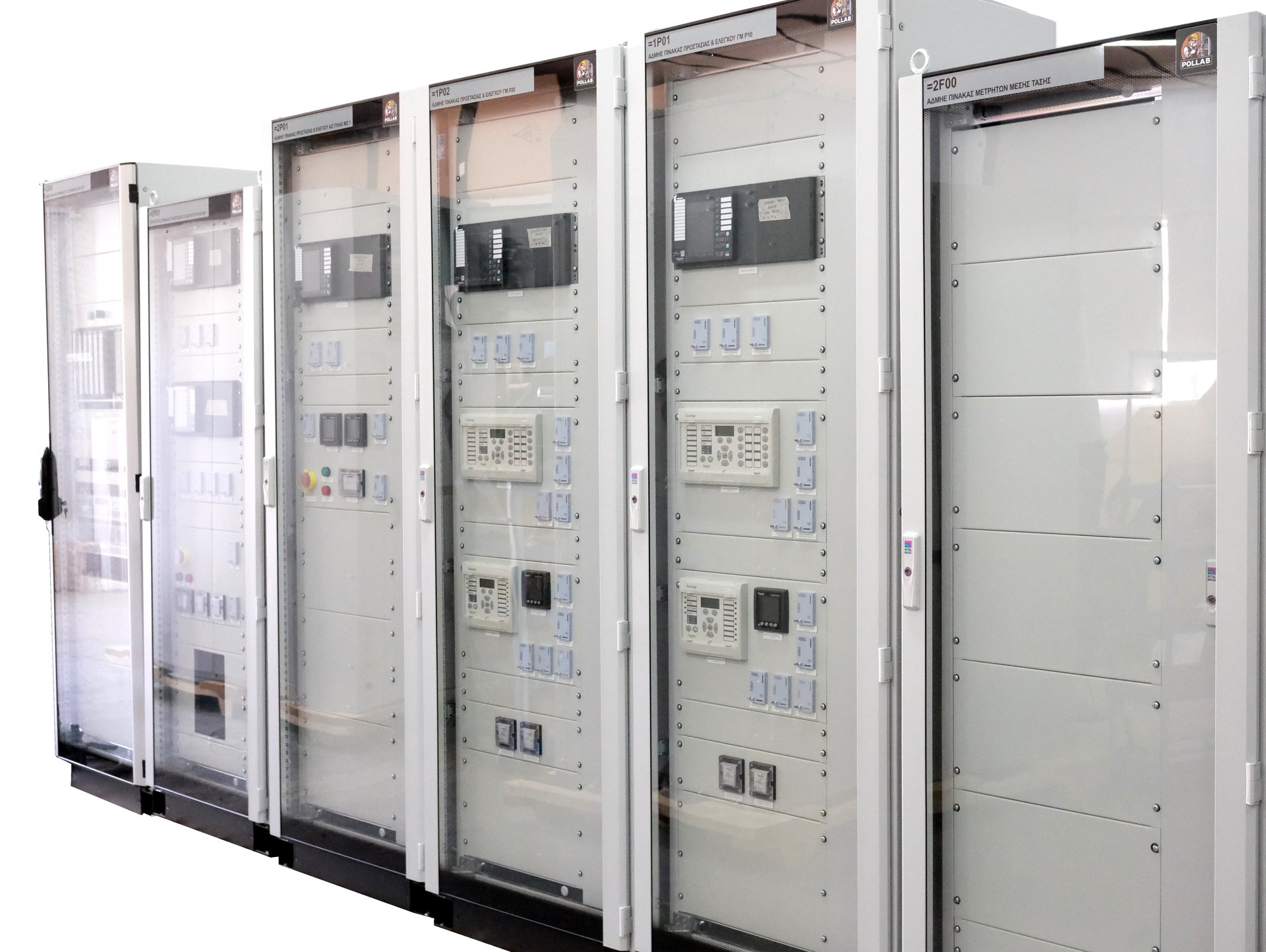 Row of medium-voltage switchgear panels manufactured by PollaB